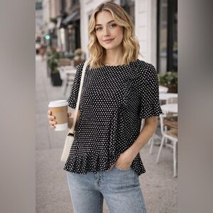 Cynthia Rowley Polka Dot Ruffle Blouse Small Black White Flutter Sleeve